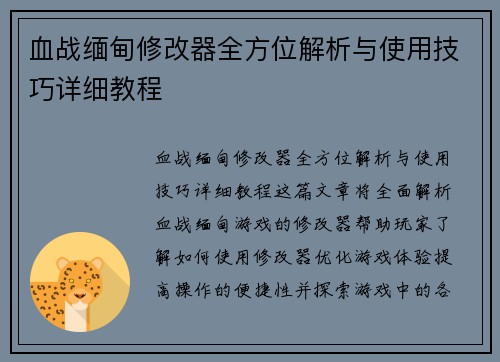 血战缅甸修改器全方位解析与使用技巧详细教程